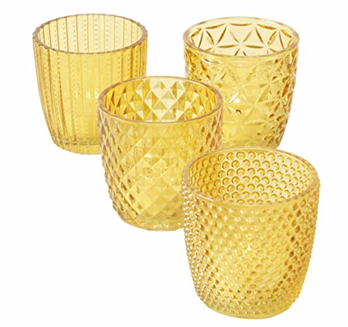 Spetebo Glas Teelichthalter transparent gelb - 4er Set / 7 cm - Deko Windlicht Retro Tischdeko Teelicht Halter
