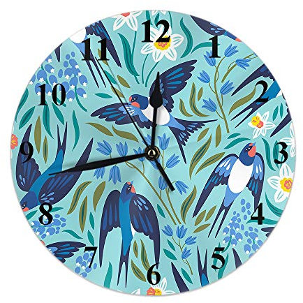 AOOEDM Orologio da parete con rondini blu fiori di primavera foglia narciso giacinti orologio da parete tondo silenzioso senza ticchettio decorazioni per la casa 10 pollici per soggiorno camera da le