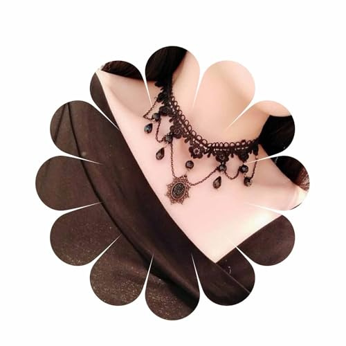 Aneneiceera Choker-Halskette mit Boho-Blumenspitze, Quaste, schwarze Tropfen-Halskette, Gothic-Tröpfchen, Kristallkragen, Halskette, Retro-Vintage-Halskette, Schmuck, Geschenke für Frauen(schwarz G)