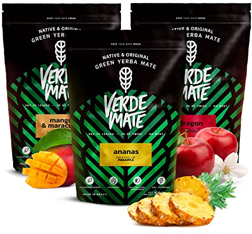 Verde Mate Green Yerba Mate Kit 3x500g Ananas Dragon Mangue Maracuja | Coffret de yerba mate brésilienne aux saveurs exotiques d'ananas, fruit du dragon, mangue et maracuja. Trois paquets de 500g