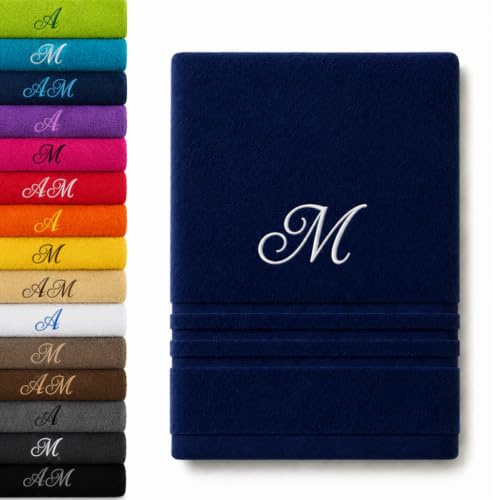Pet-Jos Personalisiertes Badetuch mit Monogramm, wunderschön gestickte Buchstaben oder Namen, Monogramm-Handtuch, Badetuch, 100% Baumwolltuch (140 x 70 cm, Dunkelblau)