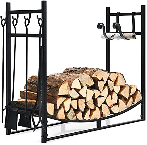 COSTWAY Range Buche en Fer Forgé, Porte Buches pour Cheminée, Rangement Bois Charge Max 50 kg, pour Poêle, Brasero, Range Buches Exterieur Intérieur (36 avec 4 Ustensiles)