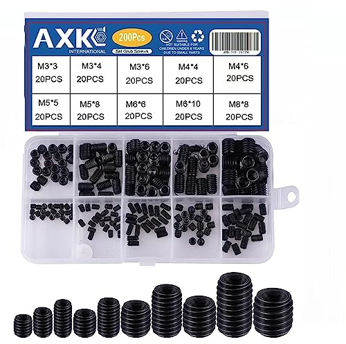 AXK 200PCS Set Grub Screw M3 M4 M5 M6 M8 Metric Thread Hex Allen Socket Head Cap Screw Bolt Hexagon Hex Drive Cup Point Screw Assortment Kit Set Alloy Steel (200PCS Alloy Steel)