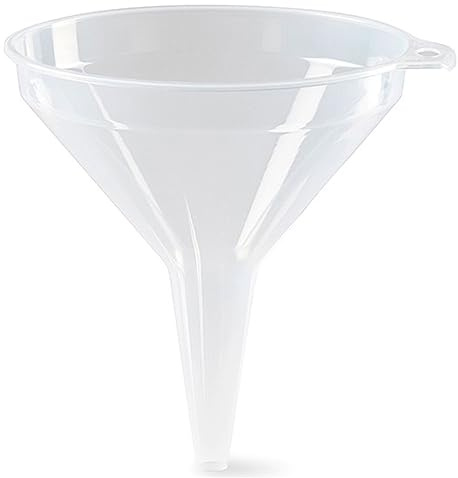 Tradineur - Embudo de plástico transparente, llenar botes, tarros, botellas, incluye agujero para colgarlo, resistente y duradero, fabricado en España, Ø 8 cm