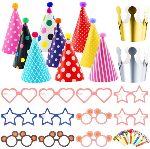 33 Pezzi Cappello Festa Compleanno per Bambini e Adulti, Cappellino con Fischietti Colorati e Occhiali di Carta per Carnevale e Natale