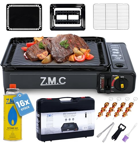 ZMC - Barbecue à gaz 2 en 1 et réchaud de camping avec allumage piézoélectrique – Barbecue de table portable et réchaud à gaz avec 16 cartouches de 227 g, accessoires et mallette – Puissance de 2,2 kW