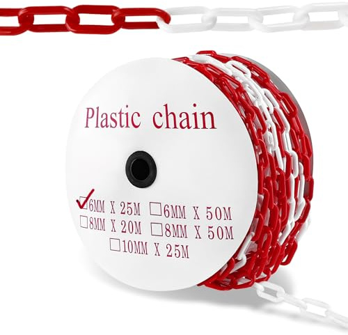 NAIZY 25m Absperrkette Rot Weiß Kunststoffkette 6mm Stärke Kunststoff Warnkette, Plastik Baustellensicherungskette Kette Gliederkette Absperrpfosten zum Absperren für Warnsicherheit Parkplatz