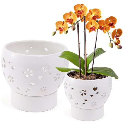 Lovely Ran Juego de 2 macetas para orquídeas con agujeros, de cerámica, autorriego, de 7.7 + 5.4 pulgadas, juego de macetas ranuradas transpirables blancas para orquídeas, circulación de aire, máquina