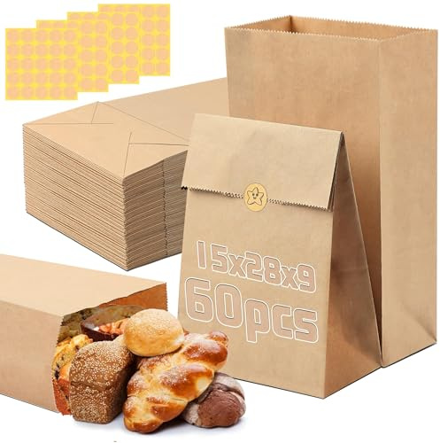 60 Stück Kraftpapier Tüten, 15x28x9cm Papiertüten Klein mit Aufkleber Braun Geschenktüten Flachboden Süßigkeitentüten Butterbrottüten Basteln Kraftpapie für Hochzeit Geburtstag Party Weihnachten