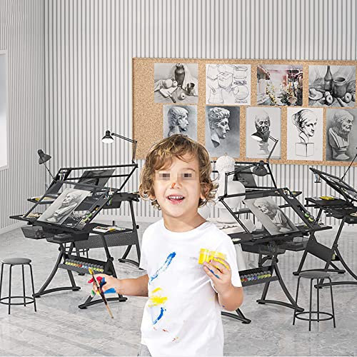 Zeichentisch, Zeichentisch Kunst/verstellbarer Zeichentisch aus Glas mit 2 Schubladen, Kunstschreibtisch Kunsttisch mit Stauraum, Studentenschreibtisch zum Zeichnen, Malen, Schreiben und Lernen