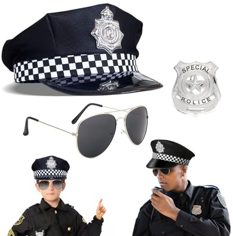 MetalNuts Juego de 3 piezas de accesorios de policía, sombrero de policía, con sombrero de policía, gafas de sol, placa de perro, accesorios de juego de simulación de policía, ideal para cosplay,