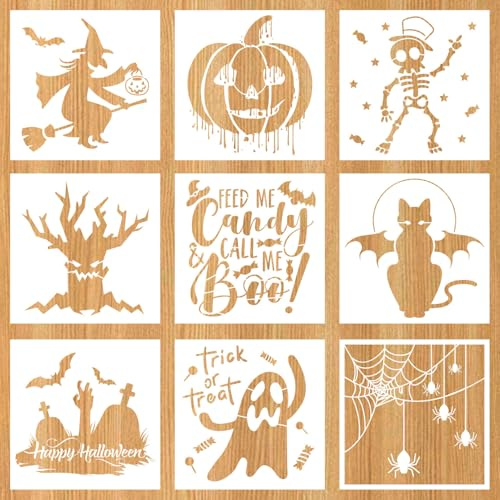 9pz Stencil Halloween, Stencil per Disegnare Halloween Riutilizzabili Alta Qualità Vari Modelli Vernice Spray Strumenti Pittura Facili Pulire Forniture per Decorazioni Halloween(Stile 1)