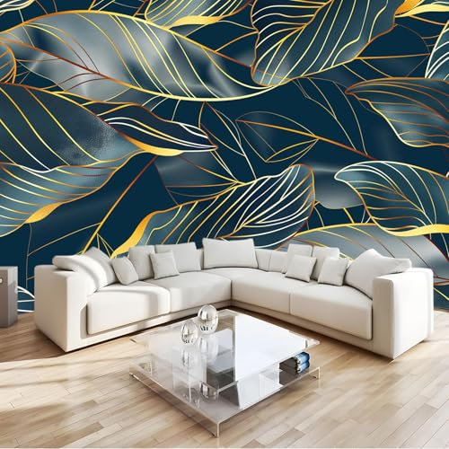 Papier Peint Mural Salon Lignes Dorées Feuilles Feuilles Bananier Bleues 400x280 cm Papier Peint Panoramique Intissé Moderne, Décoration Murale Poster Tableaux Muraux Imprimé 3D Tapisserie Photo