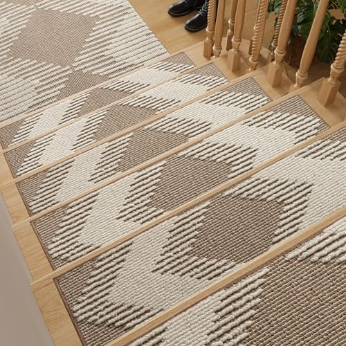 PADOOR 15PC Stair-Treads Non Slip, 3D Peel and Stick Stair Treads for Wooden Steps Indoor, Stair-Carpet Treads Washable Reusable Adhesive Stair-Runner Rugs for Kids and Dogs 8x30 Brown