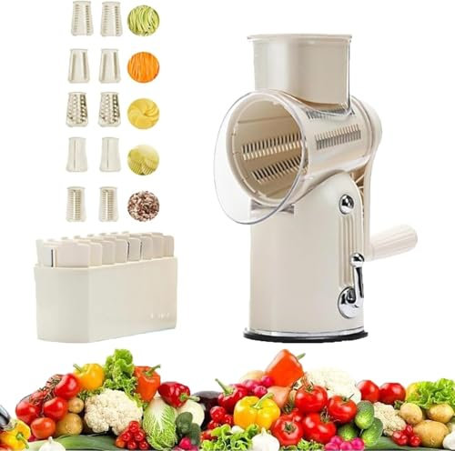 WLJEHWLJ 5 in 1 Rotary Grater, Rotary Cheese Grater with Handle, Cheese Vegetable Slicer with 5 Sets of Blades and Box Easy to Clean, Strong Suction Cup Base