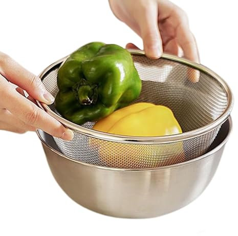 Colador para cocina de acero inoxidable, colador de acero inoxidable con tazón - Siete Pasta Carretes | Escurridor de alimentos de cocina, canasta con tazón para mezclar pasta cocida, frutas, verduras