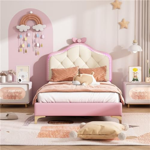 Polsterbett Mit Led-lichtbändern Und Lattenrost, Kinderbett Mit Gewelltem Kopfteil Mit Rosa Schleife, 90x200cm, Geeignet Für Jungen- Und Mädchenzimmer