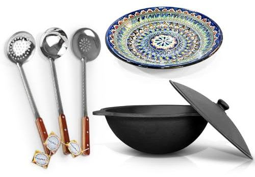 ZARENHOFF Kazan 608 - Juego de utensilios de cocina de hierro fundido uzbeko (12 L, base redonda, tapa, cuchara de madera, cuchara de madera, cucharón, espátula de madera, funda protectora para Kazan,