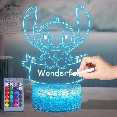 Lámpara Stitch 3D LED Luz Nocturna Infantil, 16 Colores, Mando a Distancia y Control Táctil, DIY Personalizable con 2 Rotuladores para Escribir Mensajes y Dibujar, Stitch Merch Decoración Dormitorio