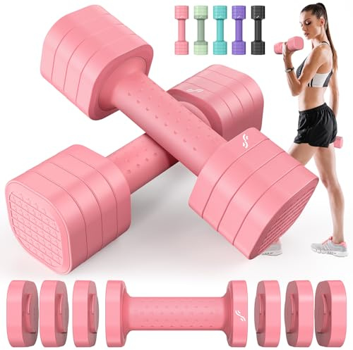 Hantlar damset, Sportneer justerbara hantlar – hantlar, set om 2 (0,9–2,3 kg per hantel), 4-i-1 hantlar set med halkfritt TPU-handtag, Dumbbell set för hemmagym, fitness och styrketräning (rosa)