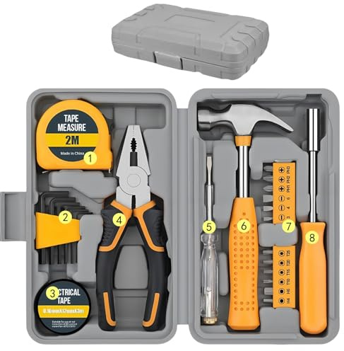 Kit d'outils de bricolage jaune 24 pièces – Outils ménagers essentiels dans une boîte de rangement portable pour la maison, le bureau et le garage – Kit d'outils de base pour homme et femme