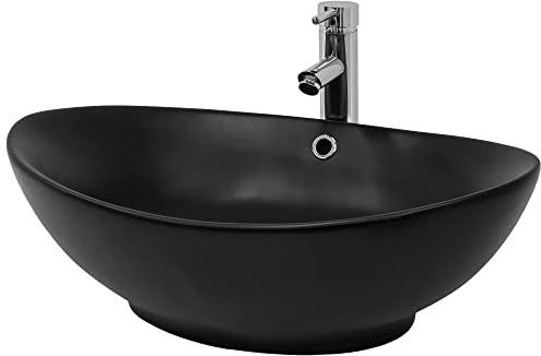 LuxeBath Waschbecken Keramik 590x380x190 mm oval, Schwarz, Aufsatzwaschbecken für Badezimmer/Gäste-WC, Aufsatzbecken im modernen Design, Waschtisch mit Überlauf, Waschschale Waschplatz Handwaschbecken