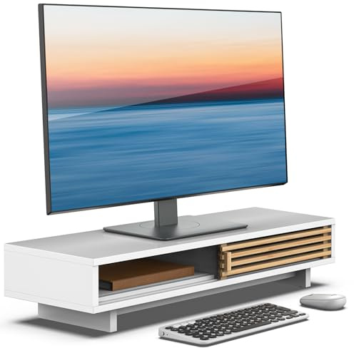 WELL WENG Monitorständer Riser aus Holz für Monitor Weiß 64cm | Bildschirmerhöhung mit Schiebetüren im Gitter-Design Schreibtisch-Regal-Organizer mit Ordnungssystem