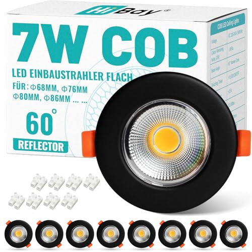HiBay 8er LED Einbaustrahler Flach 7W LED Spot Schwarz Matt 65-85mm Lochmaß Deckenspots Warmweiß 3000K 600LM für Schlafzimmer Wohnzimmer Küche | IP44 LED Spot 3000K 600LM 60° Abstrahlwinkel Deckenspots Rund für Schlafzimmer Wohnzimmer Küche Nicht dimmbar