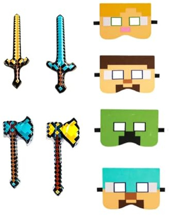 Yoimcaky 8-teiliges Spielzeug-Set 2 Pixel aufblasbares Schwert Kinder 2 Axt, 4 Spielermasken, aufblasbare Waffen von Pixel-Schwerten, aufblasbares Waffenspielzeug, Zubehör für Cosplay-Partys, Geschenk