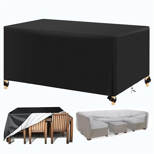 AJALGZ Housse de Table Jardin Imperméable Bâche Salon de Jardin Exterieur, 190x130x120cm/LxWxH Noir Housse Protection Table de Exterieur Rectangulaire avec Boucles et Cordon e Serrage