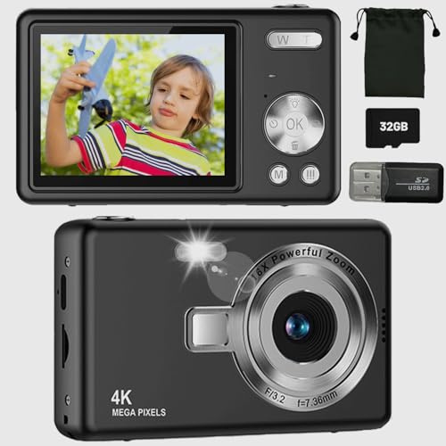 Digital Camera, 44MP 1080P Portable Digital Cameras for Beginner Kids Vlogging Camera with Anti Shake,2.4 LCD Screen, Fill Light, 32GB Memory Card