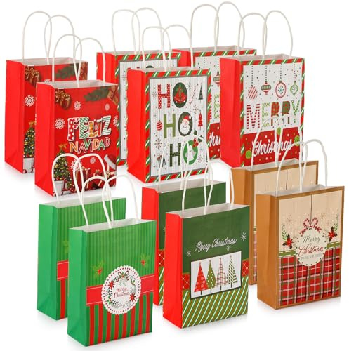 Geschenktüten weihnachten, 12 Stück weihnachten Geschenktüten mit Henkel, Weihnachtstüten zum Befüllen, Papiertüten Weihnachten für Geburtstagssüßigkeiten,Partys,Hochzeiten(6 Stile,21x15x8cm)