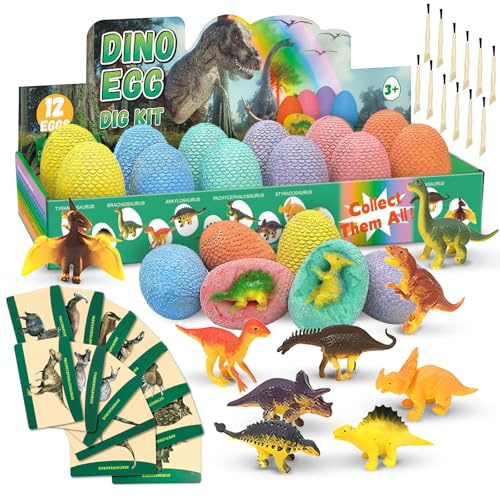 shallyong Uova di Dinosauro Giocattolo, 12 Kit di Scavo Uovo Dinosauro per Bambini, Set di Scavi Archeologici con Martello e Spazzola, Gioco Educativo per Ragazzi e Ragazze