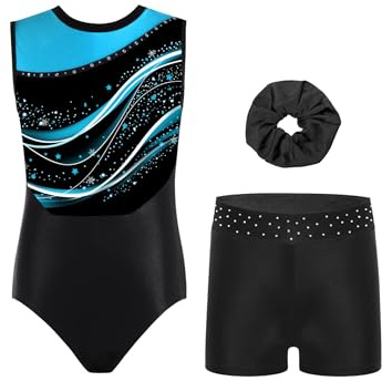 Xnihocha Drei Teiliges Turnanzug-Set Kinder Mädchen Gymnastikanzug Ärmellos Trikot mit Shorts und Haarband Eiskunstlauf-Kleidung Aufführungstraining