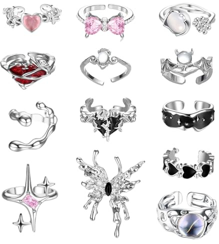 QingWing 13 Stück y2k Ringe, Irregulär Einstellbar Silber Ringe set Vintage, Mehrere Edelstahl Stile Knöchelringe, Geeignet für Tägliche Reisen, Partys, Halloween und Andere Anlässe
