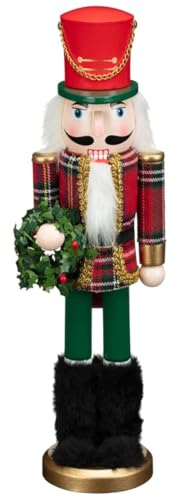 New Adorable 38cm Festive Tartan Nutcracker Soldier with Decorative Wreath – Traditional Christmas Ornament for Holiday Home Décor, Mantel & Shelf Display -A15
