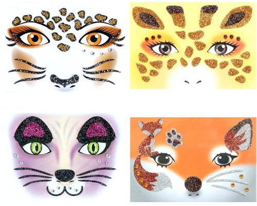 Gleevio 4 Stück Gesichtstattoo Karneval Leopard Tattoo Gesicht,Katze Schminke Face Art Sticker,Glitzer Fuchs Giraffe Temporäre Tattoos,Ablösbare Face Sticker Katze Leoparden Kostüm Damen Zubehör