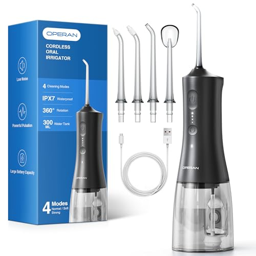 Operan Hydropulseur buccal électrique sans fil portable - 300 ml - Irrigateur oral - Vainqueur du test - Water Flosser pour les dents, les gencives et les soins dentaires - Noir - 1 paquet + 4 buses