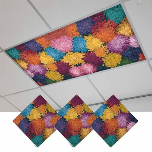 Fluorescent Light Covers, Colorful Dahlia Magnetic Light Covers for Ceiling Lights, Spring Flowers Modern Oil Paintings Art Fluorescent Ceiling Shade Filters for Classroom Bedroom Office 4x2Ft x 3PCS