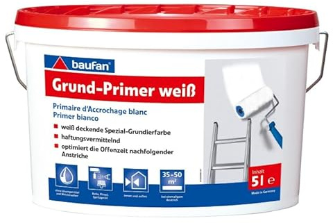 Baufan Grundprimer für innen und außen 5l | weiß deckende Spezial-Grundierfarbe | haftungsvermittelnd | optimiert die Offenzeit nachfolgender Anstriche