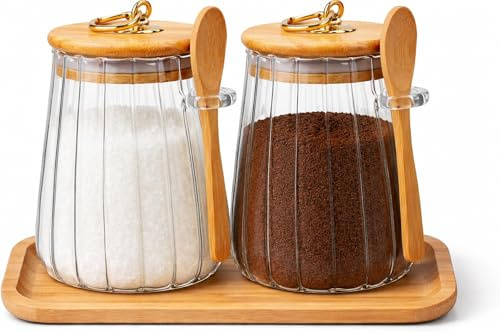 Punorric Glass Storage Jars Set of 2 with Bamboo Lids & Tray, Tea and Coffee Jars, Sugar Container & Tea Canister, Coffee Jars, Airtight Glass Tea Coffee Sugar Canisters