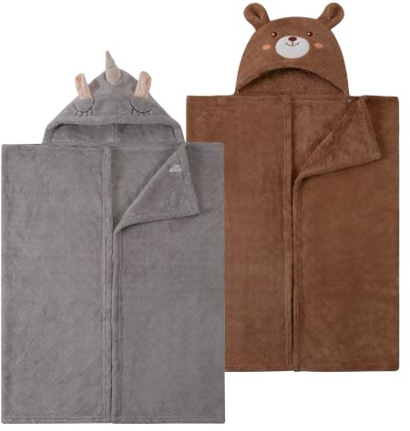 SFIUYDS Kapuzenhandtuch Baby 2er-Pack, Baby Badetuch mit Kapuze aus Korallen-Fleece für 0–5 J., Flauschig & Saugstark, 127x81 cm, Babygeschenk – Brauner Bär & Graues Einhorn Set