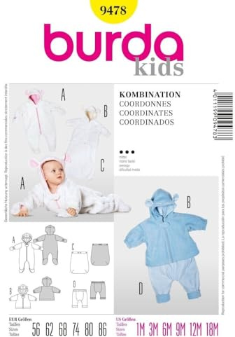 Burda Schnittmuster 9478 Baby Kombination: Overall, Jacke, Fu?Sack & Hose Gr. 56-86
