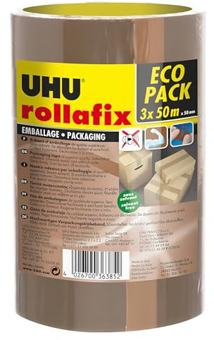 UHU Rollafix - Rubans adhésif d'emballage brun, lot 3 rubans 50m x 50mm