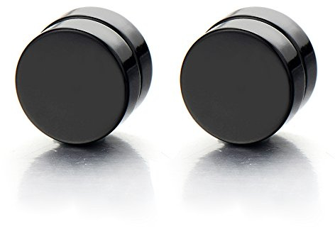 14MM Magnetico Nero Cerchio Orecchini da Uomo Donna, Click-on Fake Piercing, Finto Dilatatore Fake Plug, Acciaio, 1 Paio