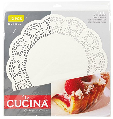 Runde, weiße Spitzendeckchen aus Papier zum Anrichten von Hochzeitstorten, Untersetzer – 4 Größen, 36cm - Pack of 12