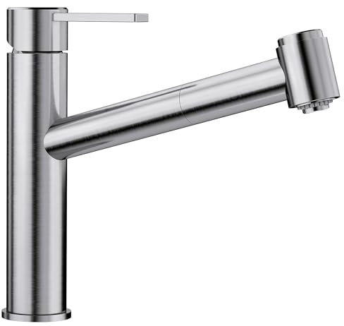 BLANCO AMBIS-S | Küchenarmatur aus massiv Edelstahl | Hochdruck | Mit herausziehbarem Schlauch | Wechsel von Klarstrahl in Brausestrahl | Keramik Kartusche | Gesicherte Wasserqualität & wassersparend