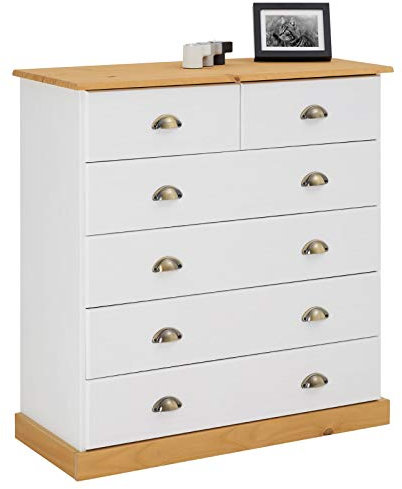 IDIMEX Schubladenschrank Paris aus Kiefer massiv in weiß/braun, Kommode mit Muschelgriffe, Apothekerkommode mit 6 Schubladen