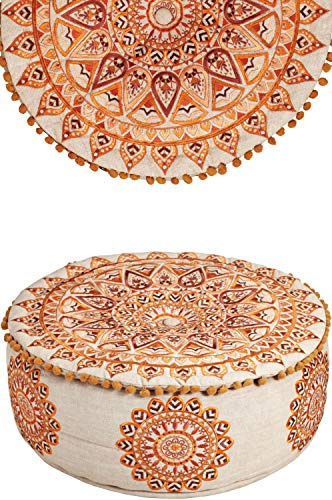 Marrakech Pouf d'assise rond 50 x 25 cm avec rembourrage - Tabouret oriental Aziza marron en coton brodé avec motif mandala - Pouf bohème pour salon, chambre à coucher