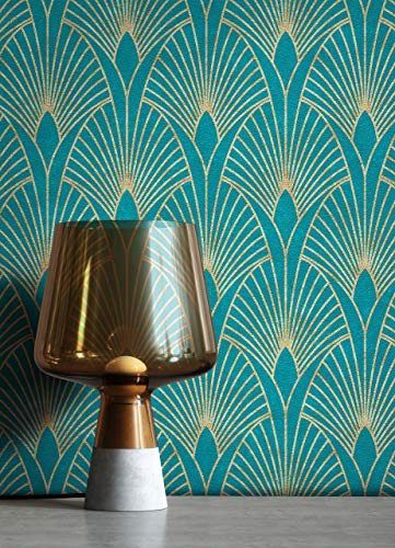NEWROOM Tapete Blau Vlies Art Deco - Pfauenfeder Muster Gold Glamour für Wohnzimmer Schlafzimmer
